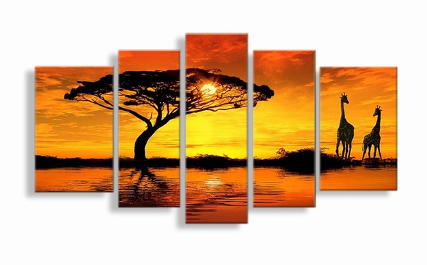 Giraffes in Love (0) Giraffen bij Zonsondergang, handgeschilderd olieverfschilderij met giraffen