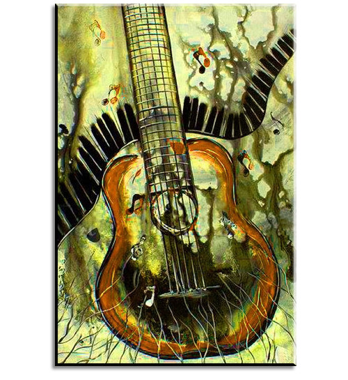 Guitar & Piano Music (0) Gitaar met Pianotoetsen, handgeschilderd olieverfschilderij met muziekmotief