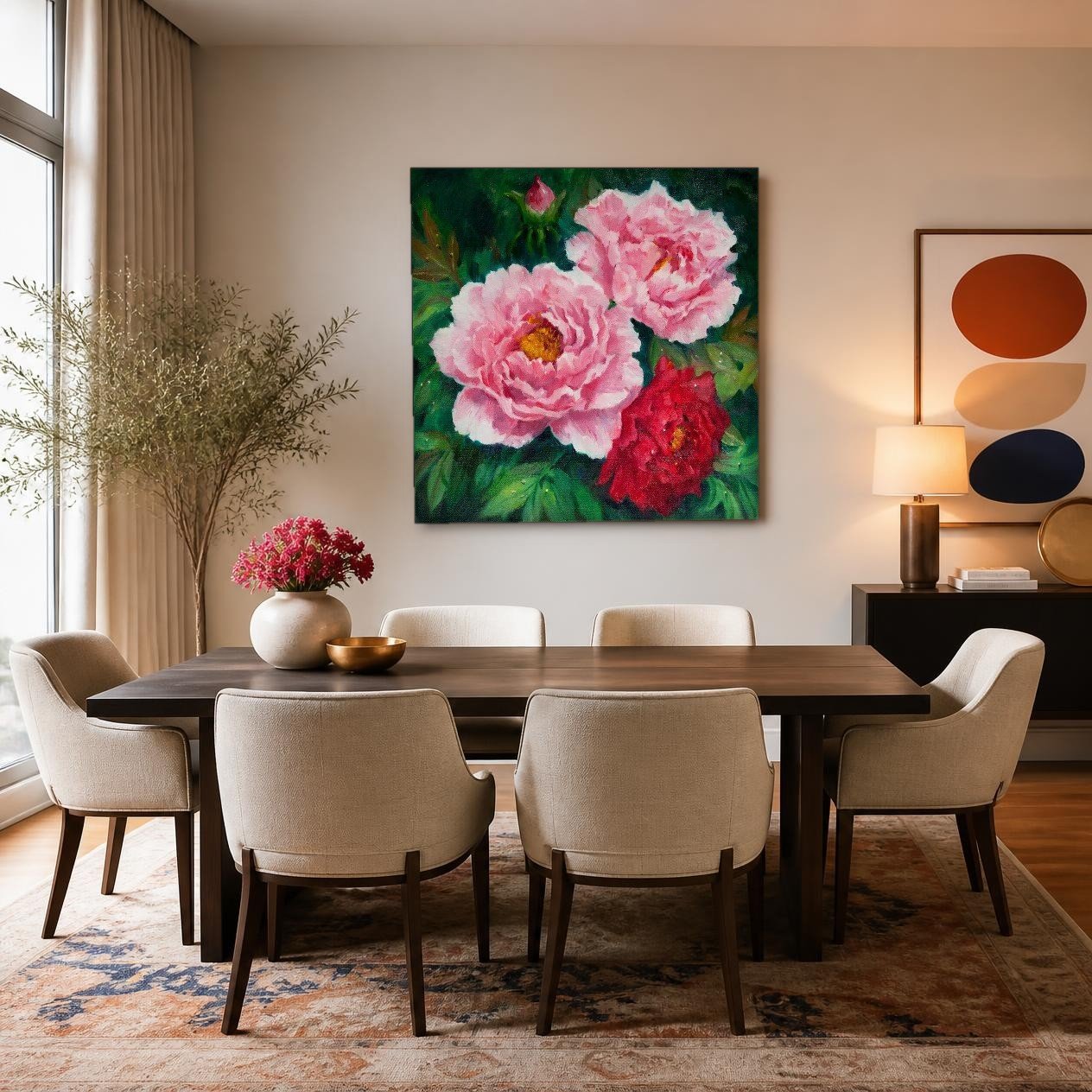 CAS081-1 Pioenen in vol ontluikend roze, Bloemen & Stilleven schilderij aan de muur in interieur
