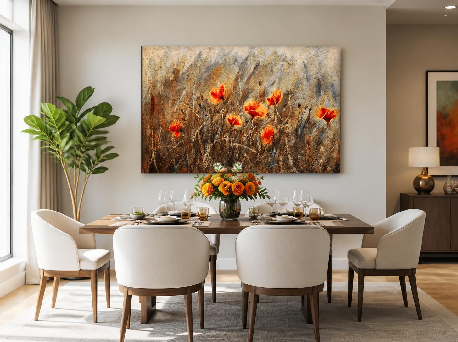 CAS085-1 Klaprozen in Goudveld, Bloemen & Stilleven schilderij aan de muur in interieur