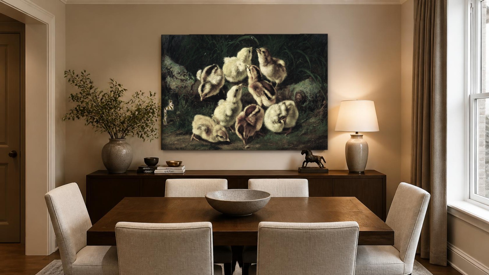 CAS1249-1 Kuikens Bijeen in het Gras, Dieren schilderij aan de muur in interieur