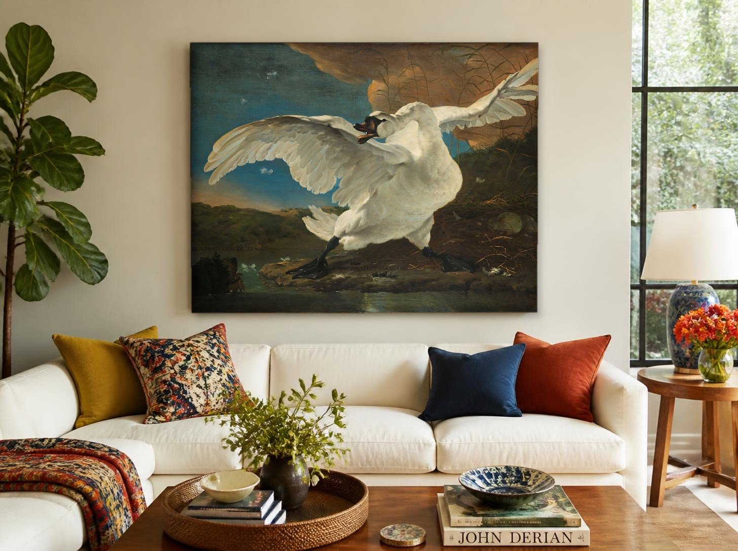 CAS1290-1 De Bedreigde Zwaan (naar Jan Asselijn), Dieren schilderij aan de muur in interieur