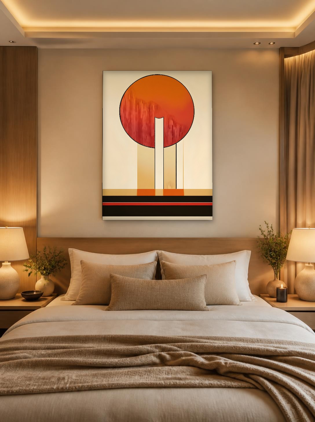 CAS1378-1 Rode Cirkel op Zuilen, Abstract & Modern schilderij aan de muur in interieur