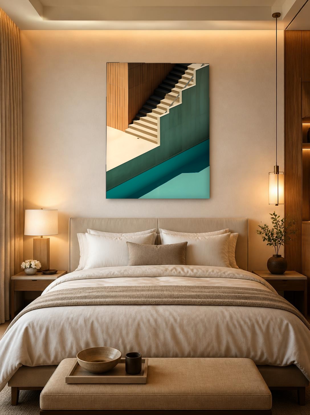CAS1382-1 Trap in oker en groen, Abstract & Modern schilderij aan de muur in interieur