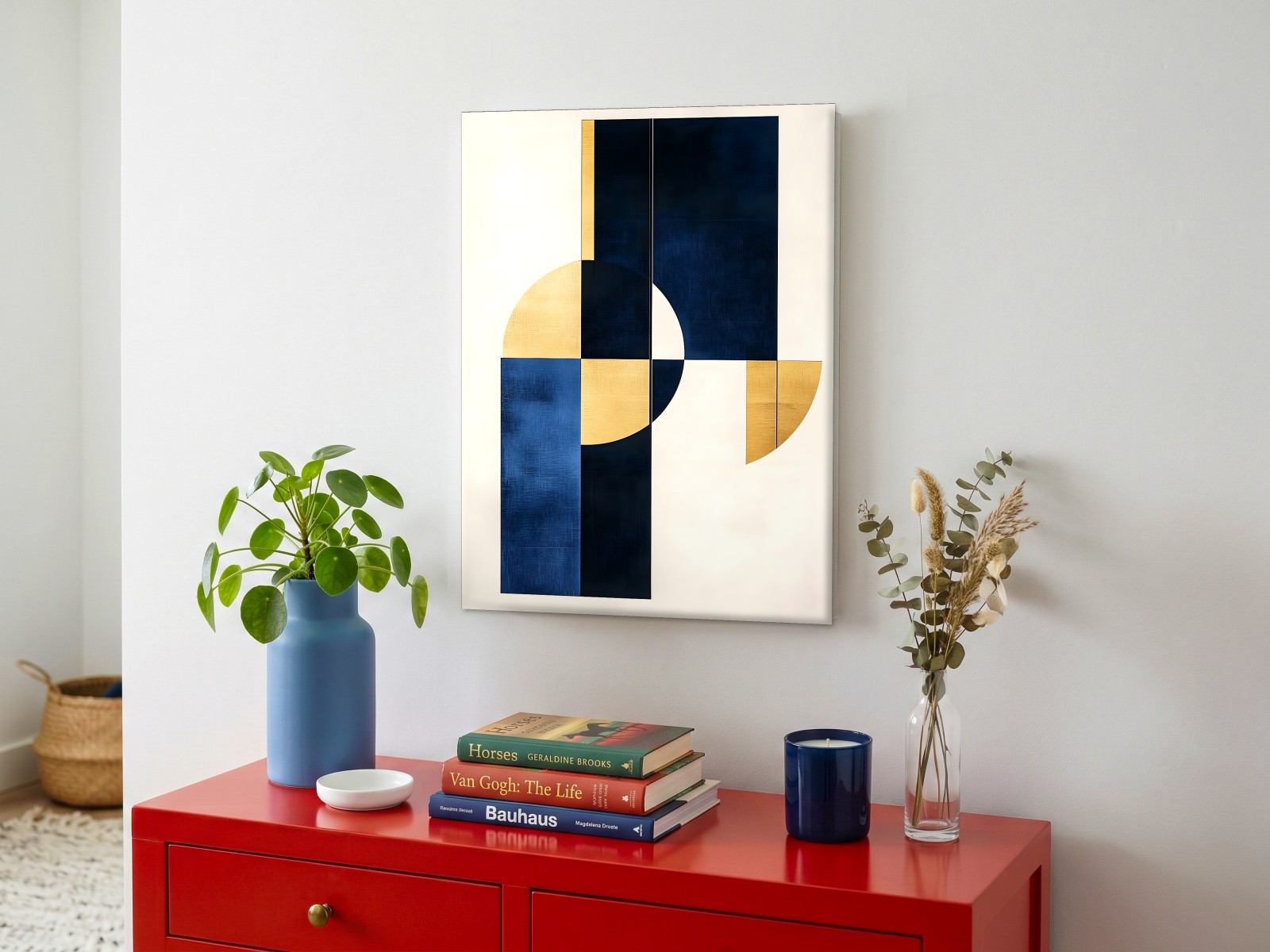 CAS1394-1 Blauw-Gouden Compositie, Abstract & Modern schilderij aan de muur in interieur