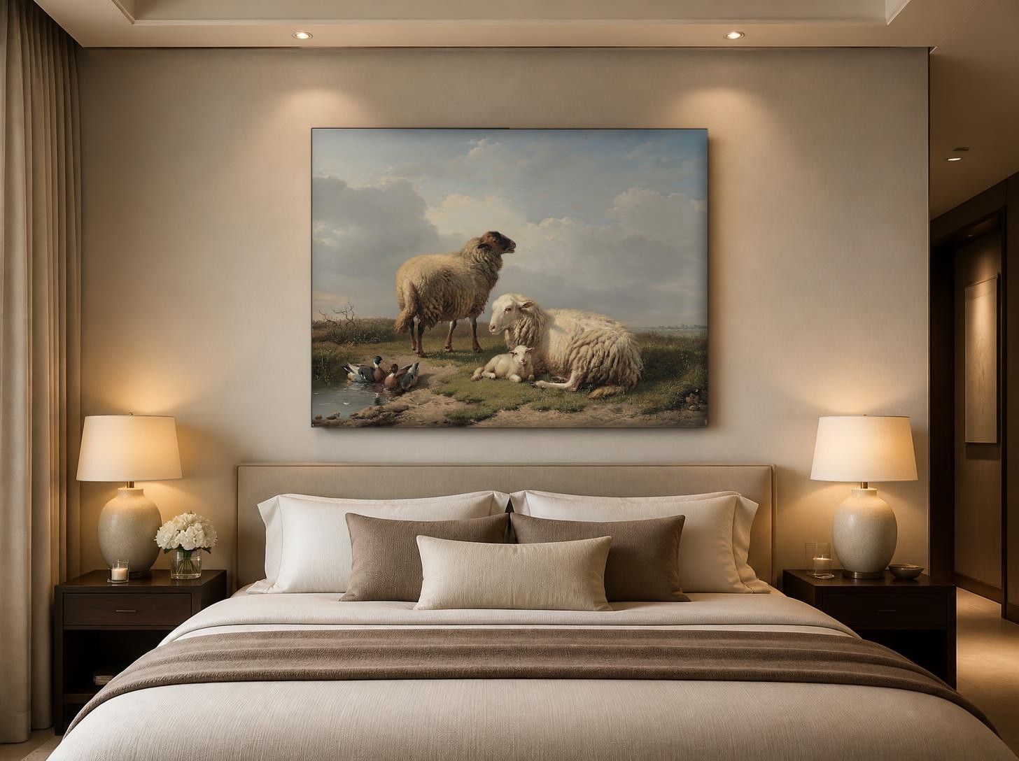 CAS1543-1 Schapen aan de waterkant (naar Verboeckhoven), Dieren schilderij aan de muur in interieur