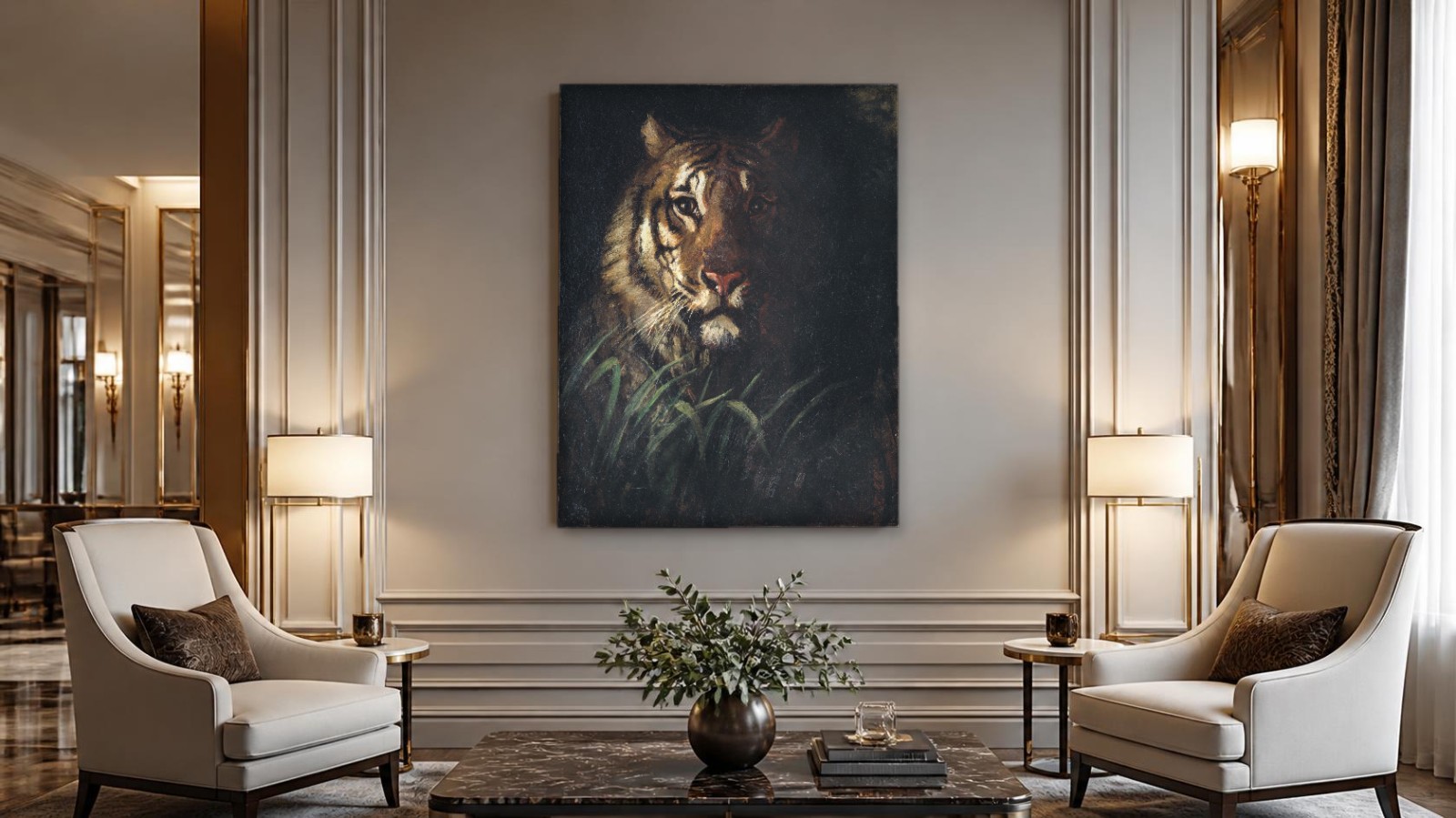CAS1560-1 Sluipende Tijger, Dieren schilderij aan de muur in interieur