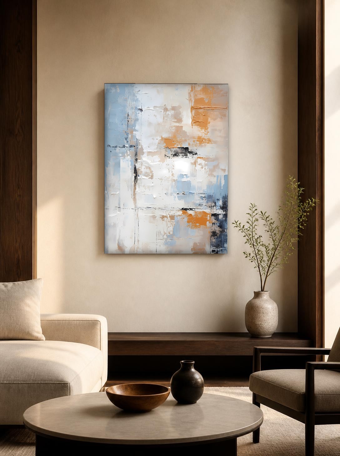 CAS1634-1 Oker en IJsblauw, Abstract & Modern schilderij aan de muur in interieur