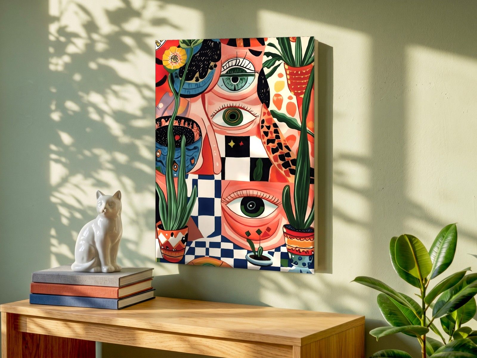 CAS1704-1 Verborgen Blikken tussen Kamerplanten, Mensen & Portretten schilderij aan de muur in interieur
