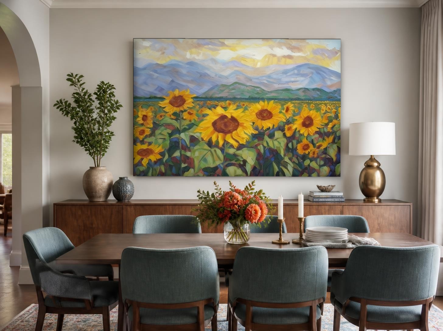 CAS1791-1 Zonnebloemenveld bij de Bergen, Bloemen & Stilleven schilderij aan de muur in interieur