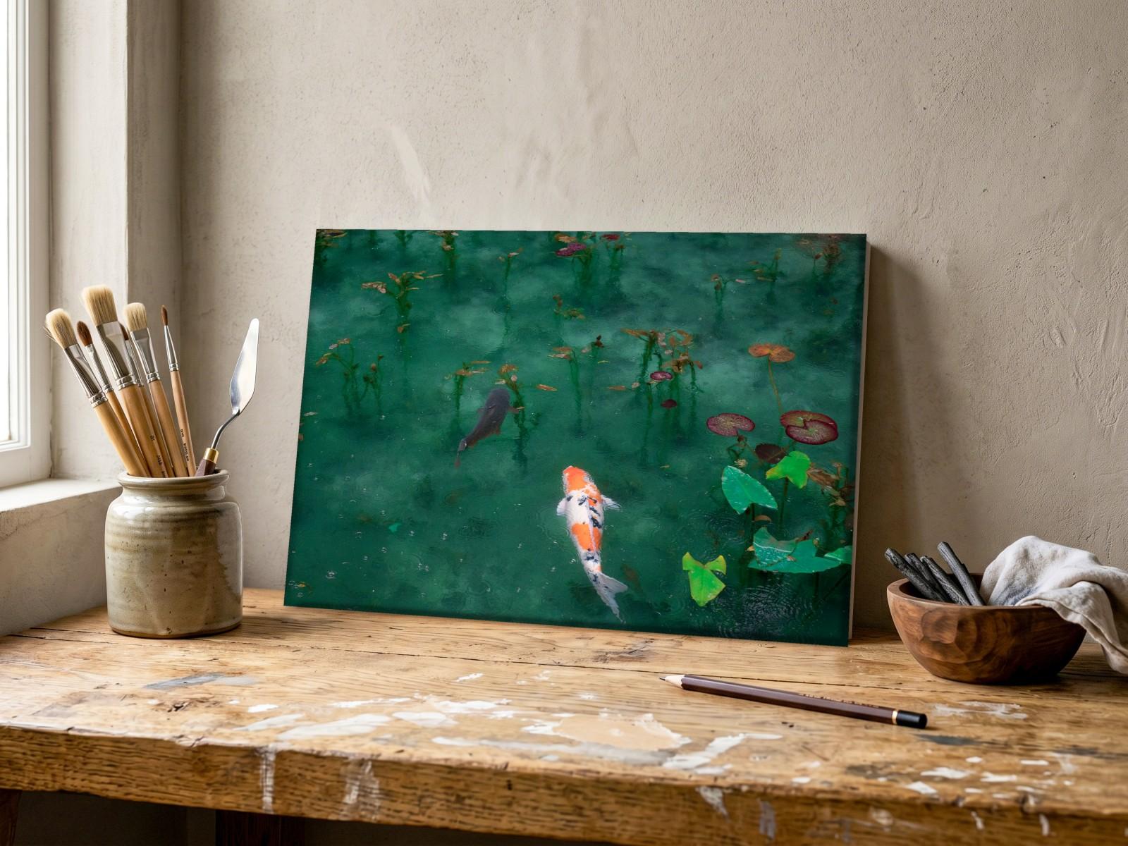 CAS1865-1 Koikarpers tussen Waterlelies, Dieren schilderij aan de muur in interieur