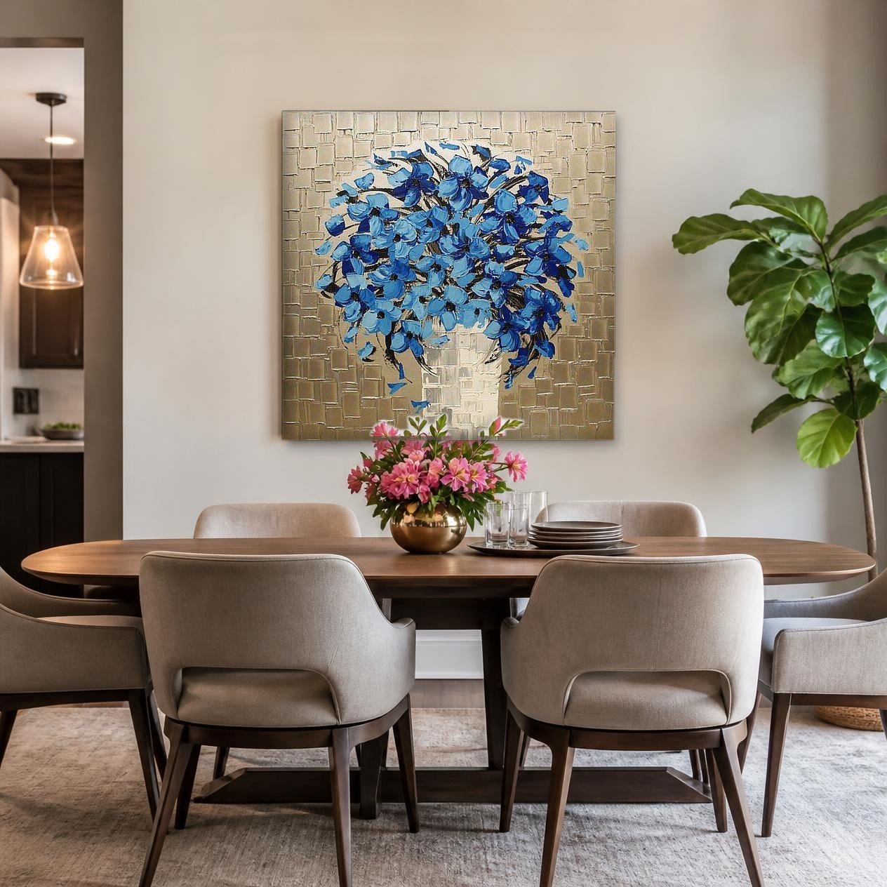 CAS1951-1 Blauw Boeket in Paletmes, Bloemen & Stilleven schilderij aan de muur in interieur