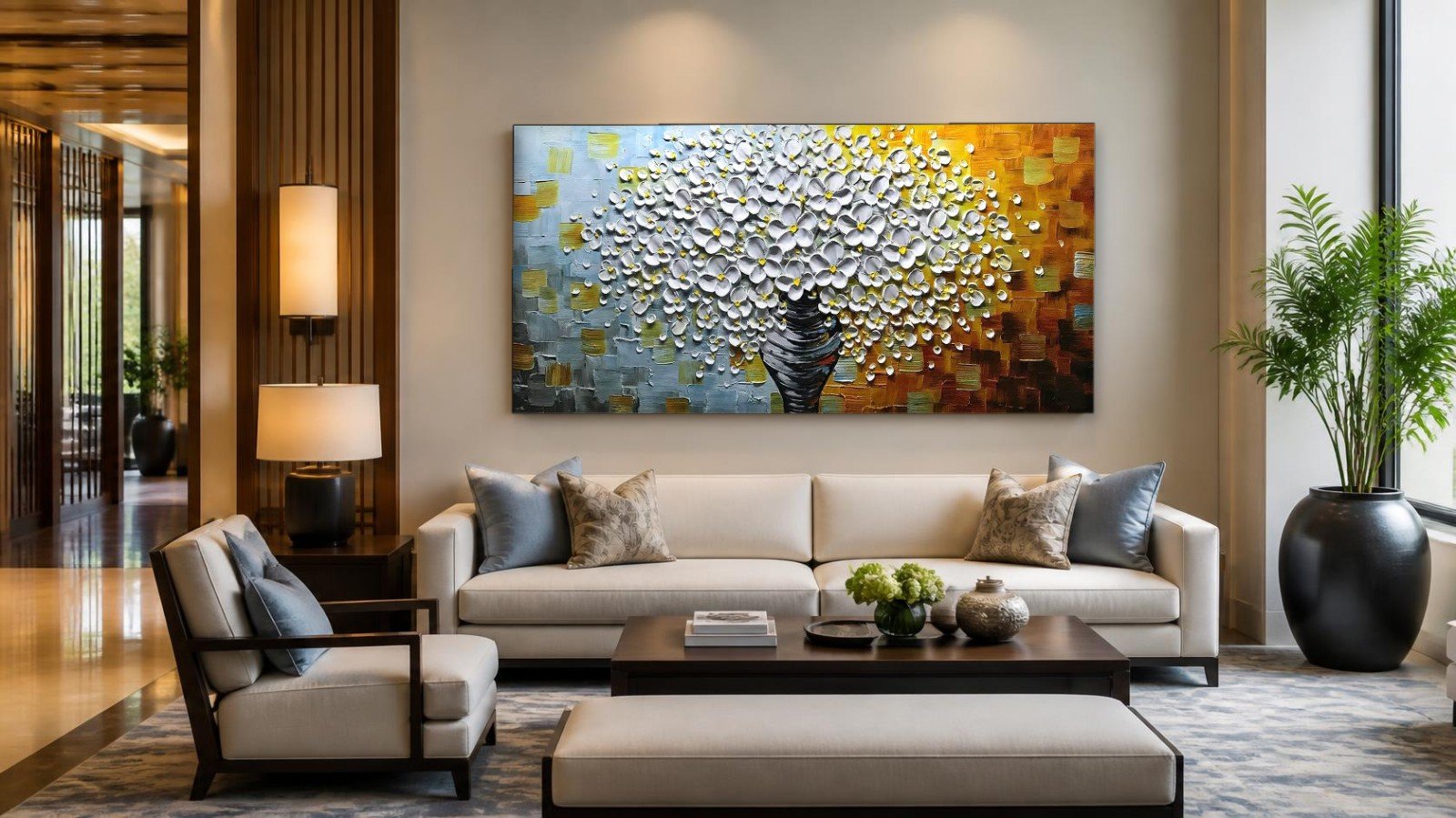 CAS2086-1 Wit Boeket in Gouden Licht, Bloemen & Stilleven schilderij aan de muur in interieur