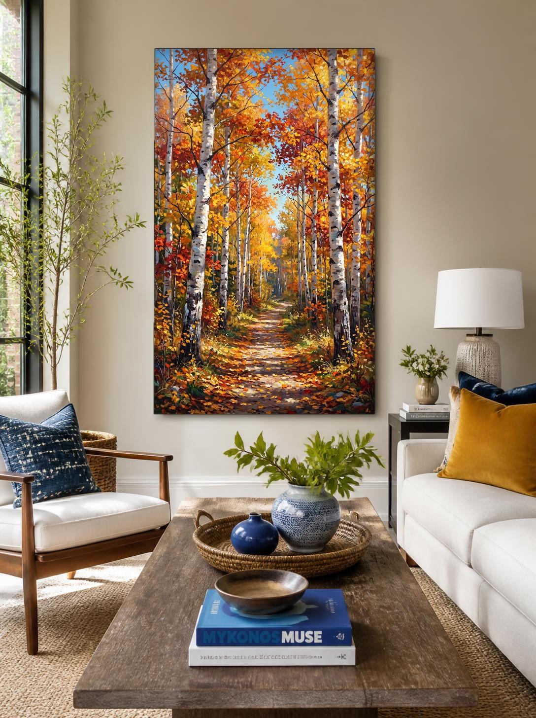 CAS2098-1 Gouden Berkenlaan in Herfsttooi, Natuur & Landschap schilderij aan de muur in interieur