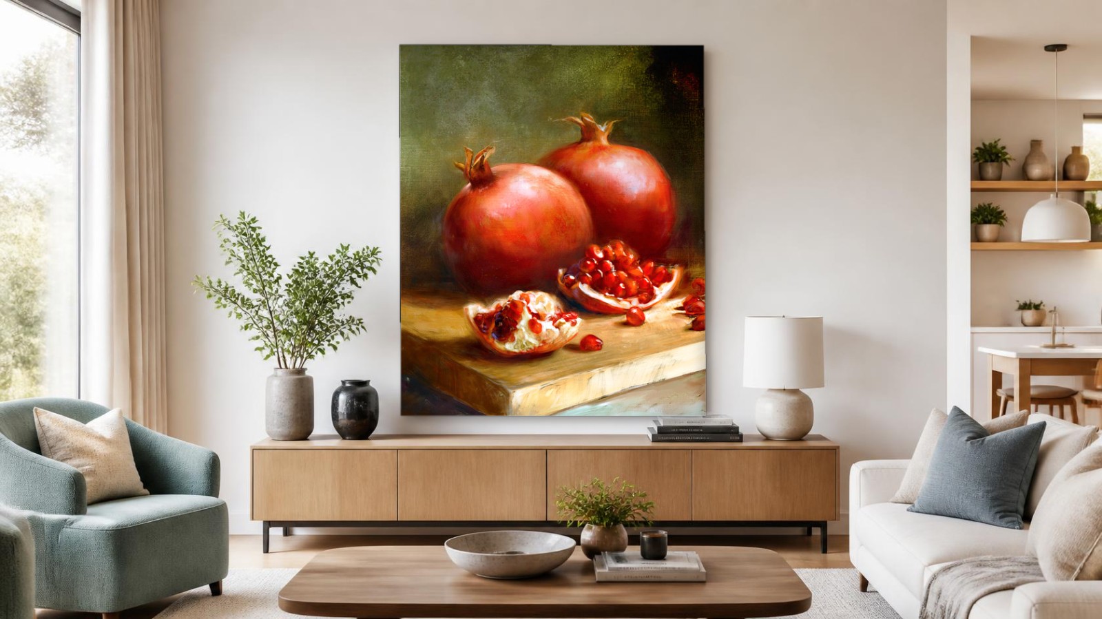 CAS234-1 Opengesneden Granaatappels, Bloemen & Stilleven schilderij aan de muur in interieur