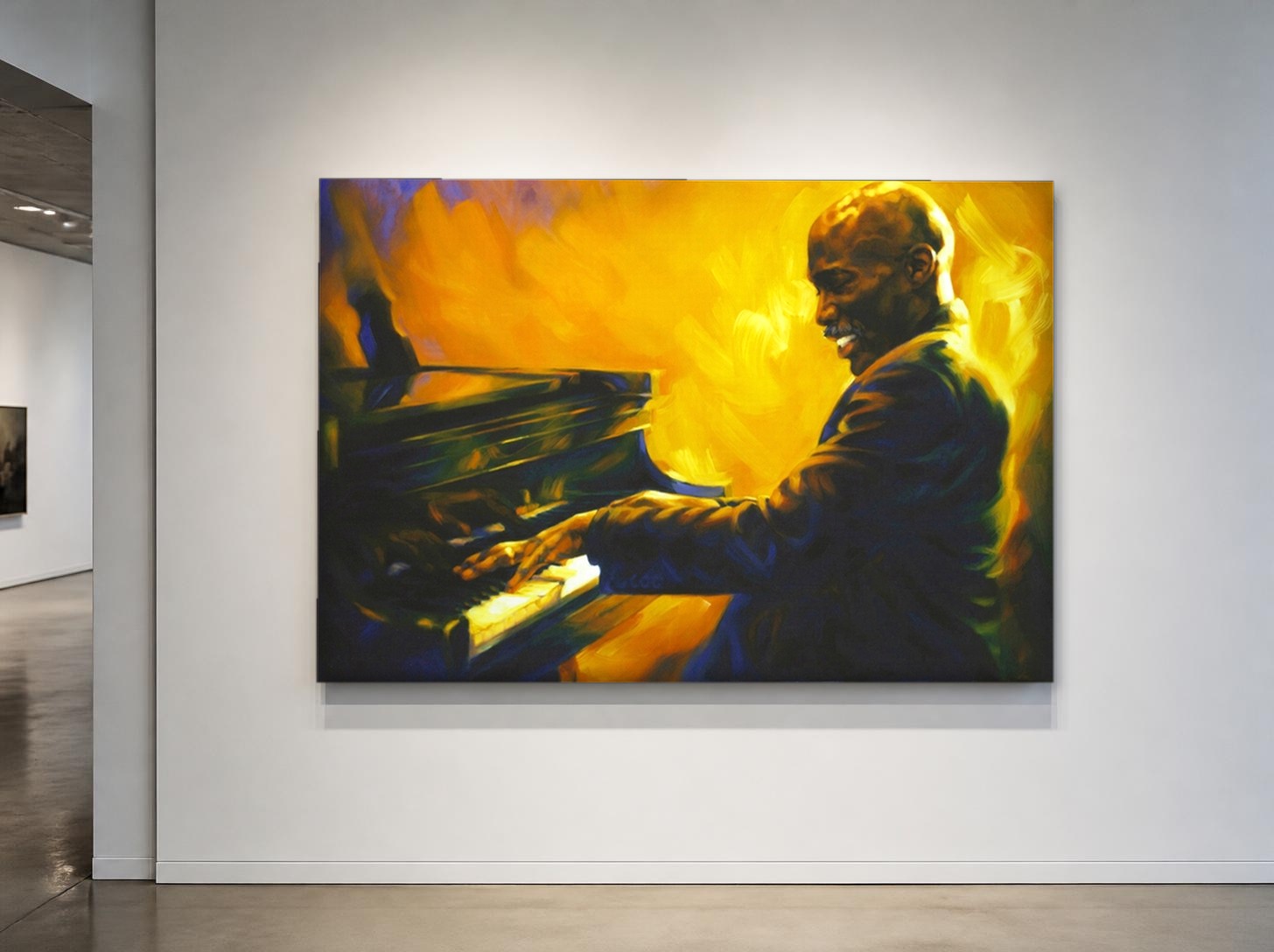 CAS268-1 Jazzpianist in geel licht, Mensen & Portretten schilderij aan de muur in interieur