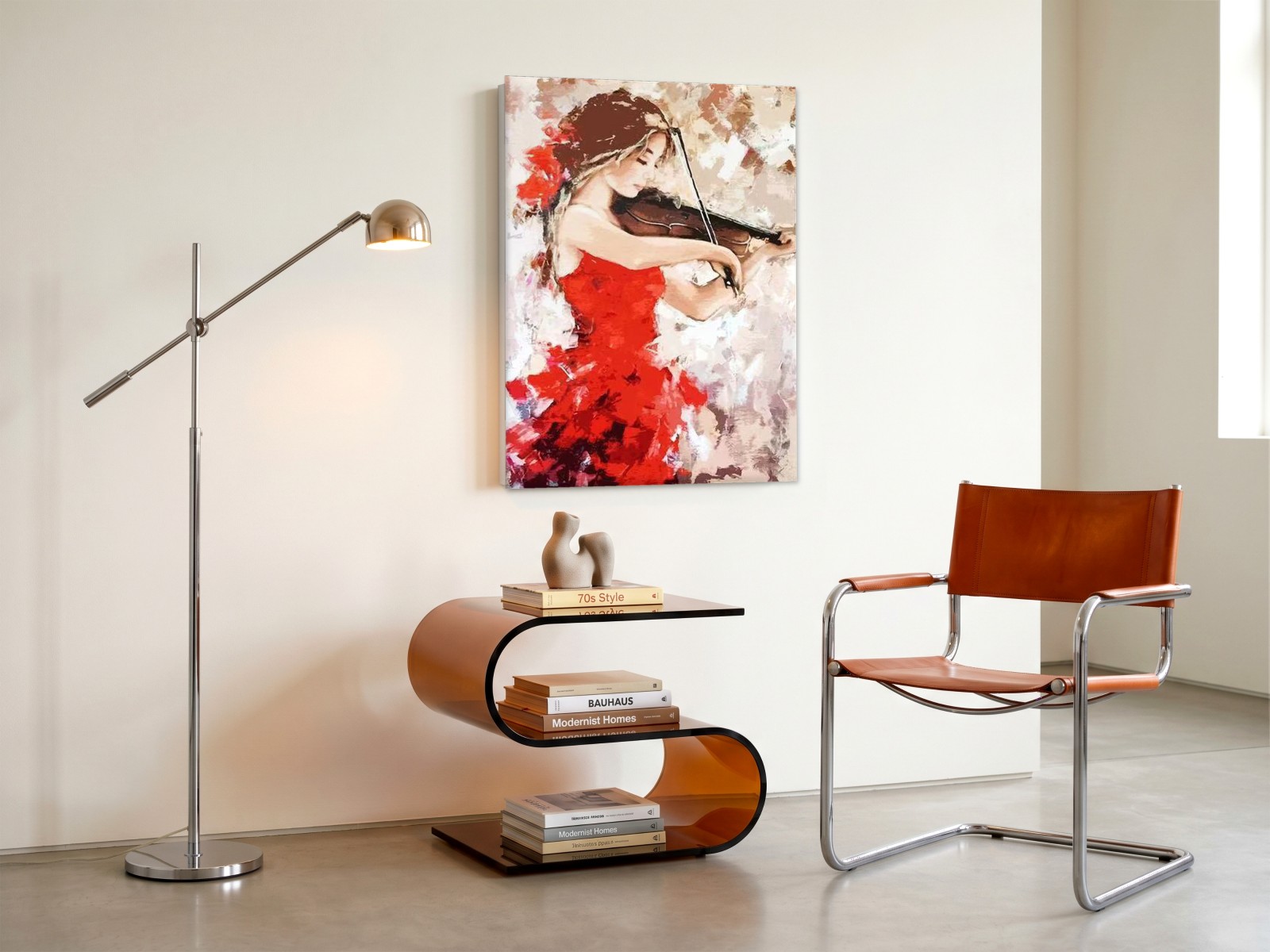 CAS282-1 Vioolspeelster in Rood, Mensen & Portretten schilderij aan de muur in interieur