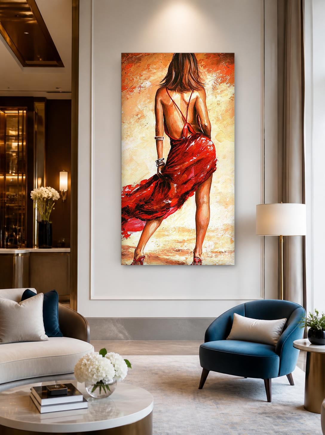 CAS355-1 Vrouw in wapperende rode jurk, Mensen & Portretten schilderij aan de muur in interieur
