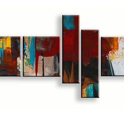 Kleurspel in Vijf Delen, handgeschilderd olieverfschilderij met abstracte kleurvlakken