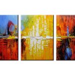 Vuur en Licht Triptiek, handgeschilderd olieverfschilderij met abstracte kleurvlakken