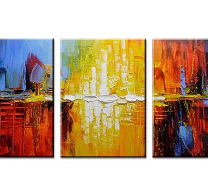 Vuur en Licht Triptiek, handgeschilderd olieverfschilderij met abstracte kleurvlakken