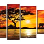 Giraffe en Olifanten in Avondgloed, handgeschilderd olieverfschilderij met giraffe en olifanten bij zonsondergang