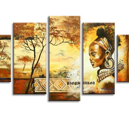 Vrouwenprofiel bij Zonsondergang, handgeschilderd olieverfschilderij met Afrikaanse vrouw