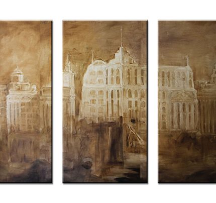 Sepia Stadsgezicht in Drieluik, handgeschilderd olieverfschilderij met stadsgezicht