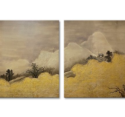 Gouden Nevel over de Bergen, handgeschilderd olieverfschilderij met bergen