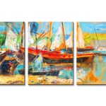 Haven met Zeilboten, handgeschilderd olieverfschilderij met zeilboten in een haven