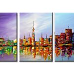 Skyline in Kleurexplosie, handgeschilderd olieverfschilderij met stadsgezicht