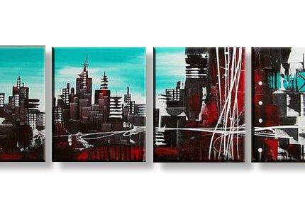 Skyline in turquoise en robijnrood, handgeschilderd olieverfschilderij met stedelijke skyline