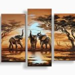 Olifanten bij Zonsondergang, handgeschilderd olieverfschilderij met olifanten
