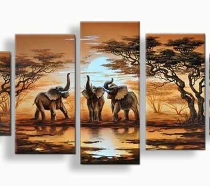 Olifanten bij Zonsondergang, handgeschilderd olieverfschilderij met olifanten