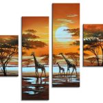 Giraffen bij zonsondergang op de savanne, handgeschilderd olieverfschilderij met giraffen