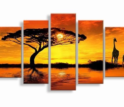 Giraffen bij Zonsondergang, handgeschilderd olieverfschilderij met giraffen