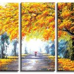 Herfstlaan in Goud, handgeschilderd olieverfschilderij met herfstbomen en wandelaars