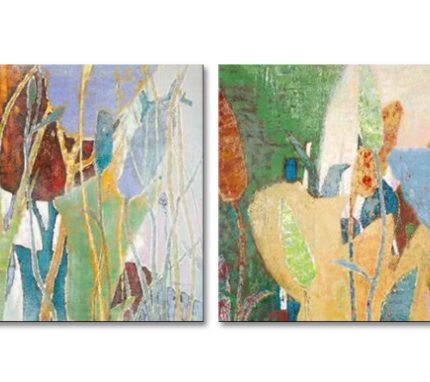 Rietvelden in Zachte Kleurschakering, handgeschilderd olieverfschilderij met botanische vormen