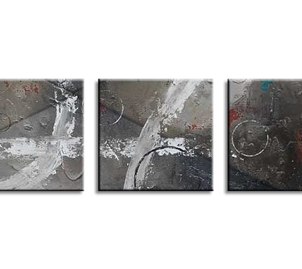 Grijze Structuur Triptiek, handgeschilderd olieverfschilderij met abstracte structuur