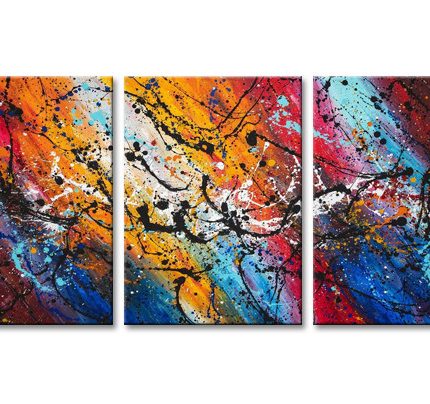Kleurexplosie, handgeschilderd olieverfschilderij met kleurvlakken en druppels