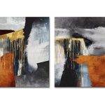 Gouden Druppels, handgeschilderd olieverfschilderij met abstracte kleurvlakken