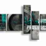 Turquoise Ritme in Grijs, handgeschilderd olieverfschilderij met abstracte structuur
