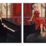 Pianist bij Kaarslicht, handgeschilderd olieverfschilderij met pianist