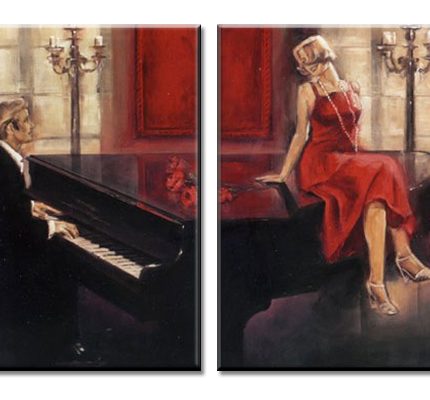 Pianist bij Kaarslicht, handgeschilderd olieverfschilderij met pianist