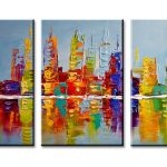 Kleurrijke Skyline aan het Water, handgeschilderd olieverfschilderij met skyline
