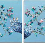 Vogels in de Bloesem, handgeschilderd olieverfschilderij met vogels en bloesem