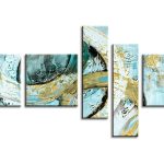 Turquoise Cirkel in Goud, handgeschilderd olieverfschilderij met abstracte kleurvlakken