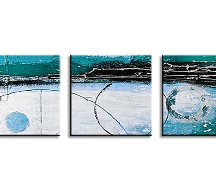 Turquoise Cirkels Triptiek, handgeschilderd olieverfschilderij met cirkels en structuur