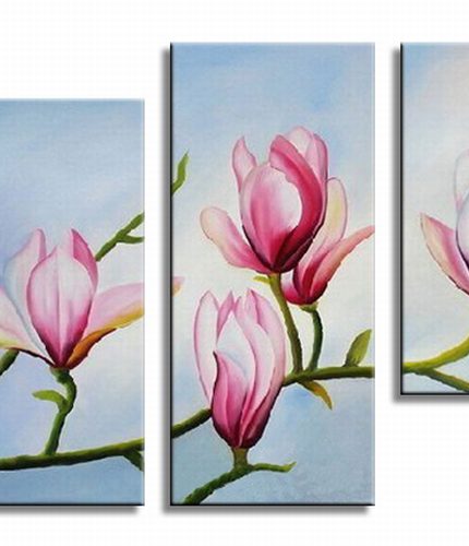 Magnolia in bloei, handgeschilderd olieverfschilderij met roze magnoliabloesems
