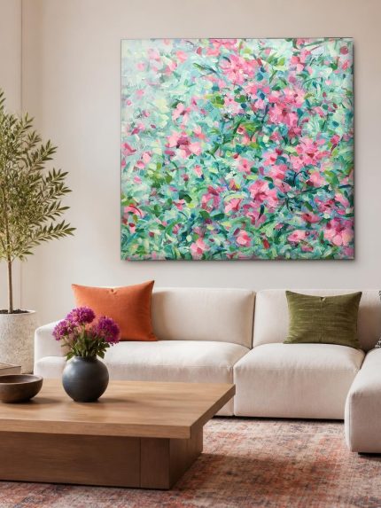 Roze bloesem in vol licht, Bloemen & Stilleven schilderij aan de muur in interieur
